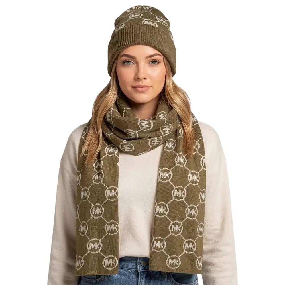 Michael Kors Womens Logo Scarf and Beanie Set Beige Cream MK Hat NIB